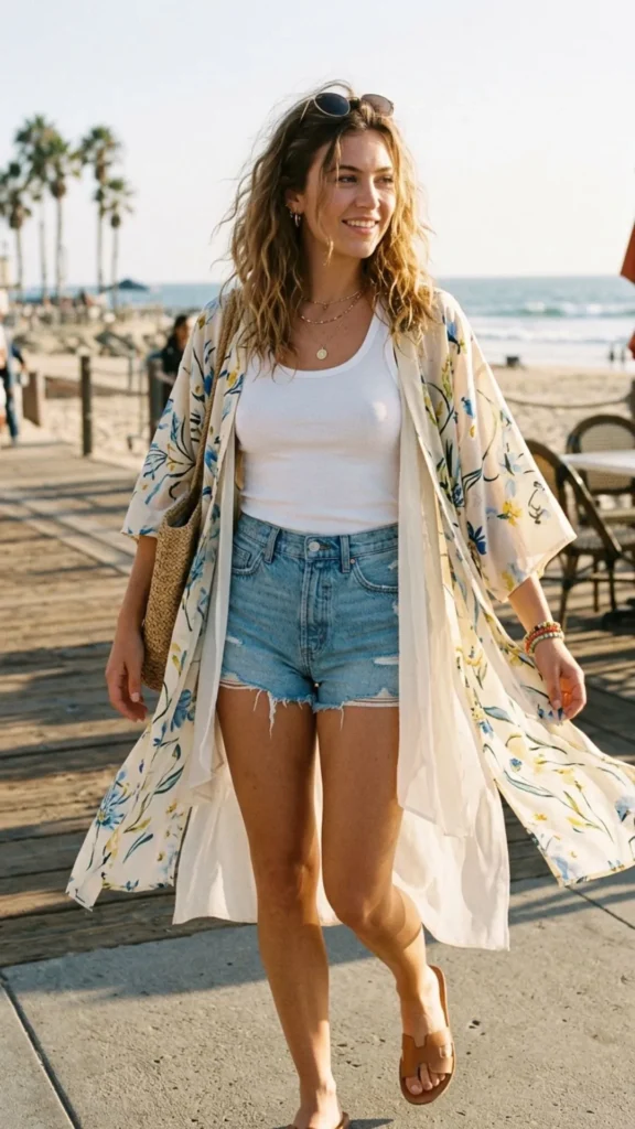 Lightweight kimono layered over a basic summer outfit for an effortless resort-inspired look.