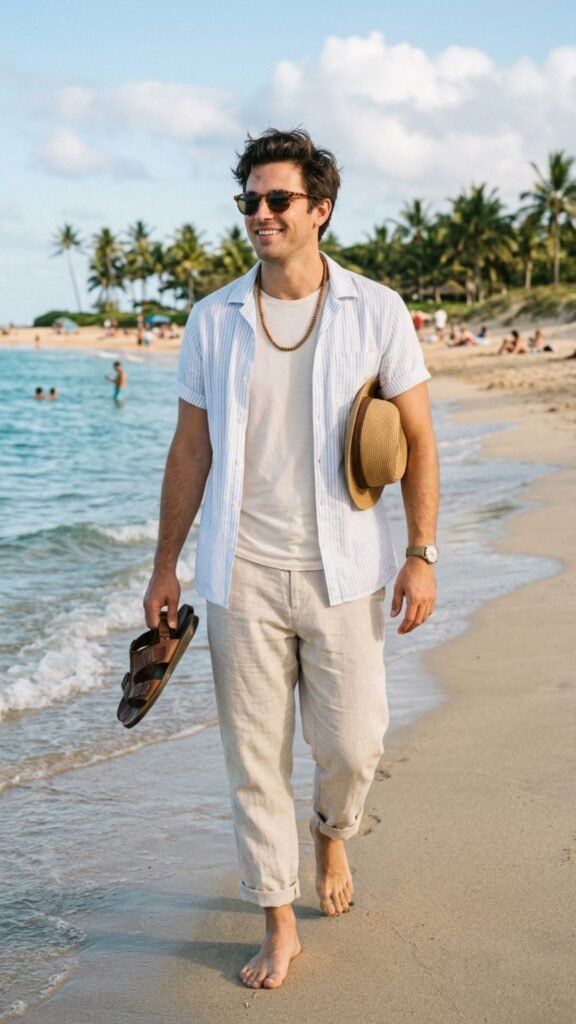 Linen pants paired with a lightweight shirt for a relaxed beach-ready summer outfit.