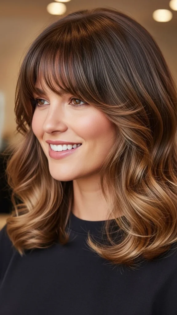 Voluminous blowout hairstyle with soft curtain bangs and flattering face-framing layers.