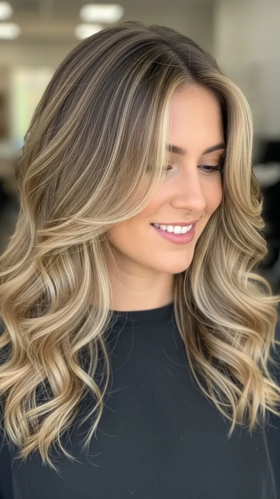 Blowout hairstyle with subtle highlights, dimensional color, and smooth bouncy movement.