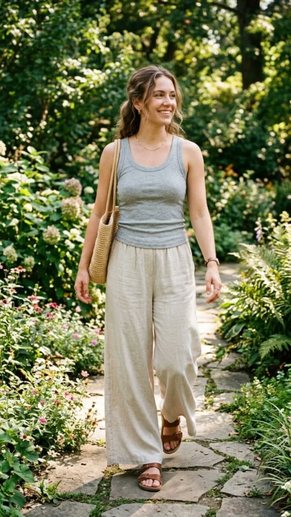 Ribbed tank top paired with wide-leg pants for a stylish and breathable summer outfit.