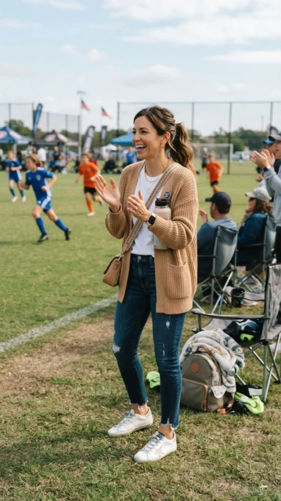 Camel cardigan, white tee, and skinny jeans casual outfit.