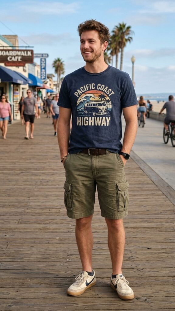 Graphic T-shirt styled with cargo shorts for a relaxed summer outfit.