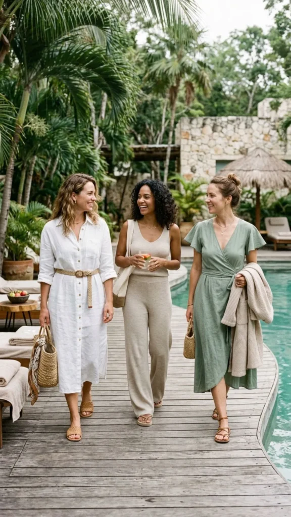 Casual resort-inspired spa outfit featuring breathable fabrics and relaxed silhouettes.