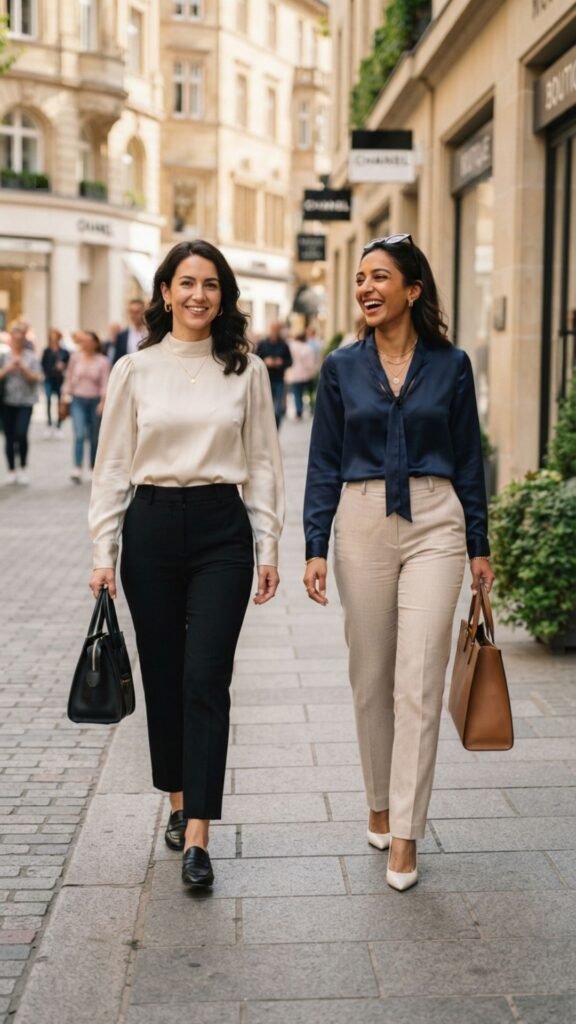 Chic blouse paired with tailored trousers for a refined outfit.
