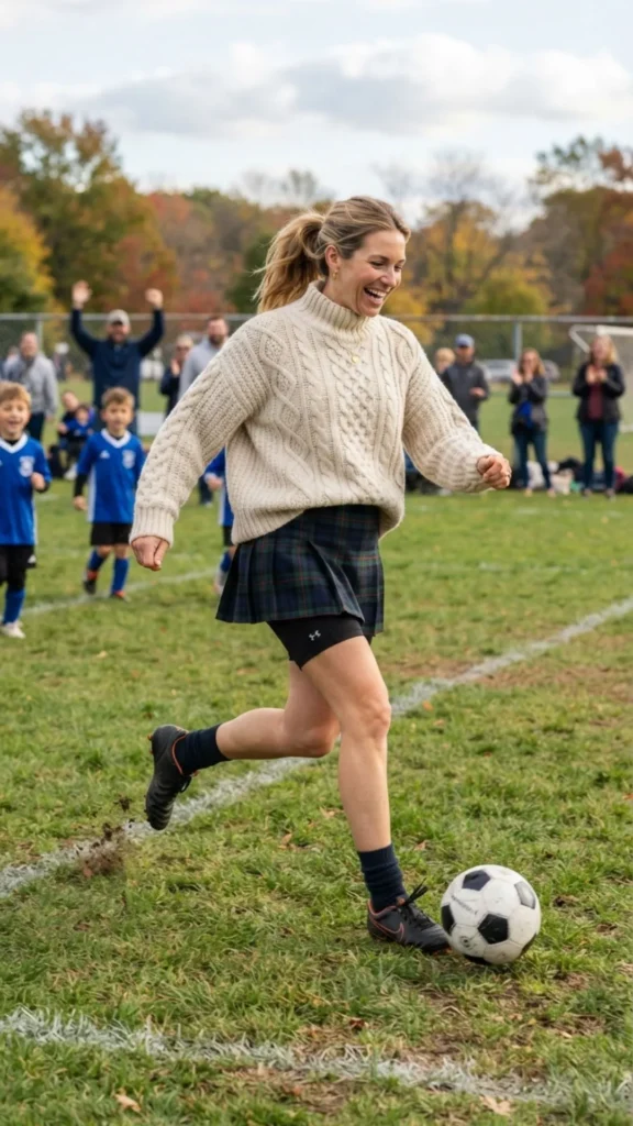 Chunky cable knit sweater with a plaid mini skirt for a cozy seasonal look.