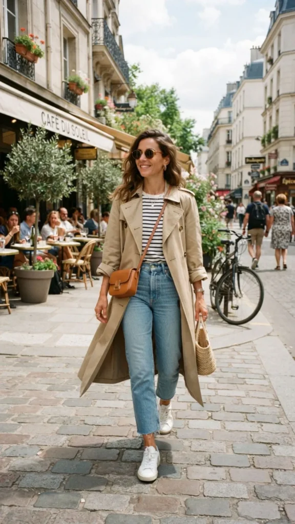 Classic trench coat styled with a striped top for an effortlessly polished look.
