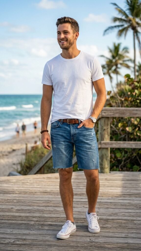 Classic white T-shirt paired with denim shorts for an effortless men's summer look.