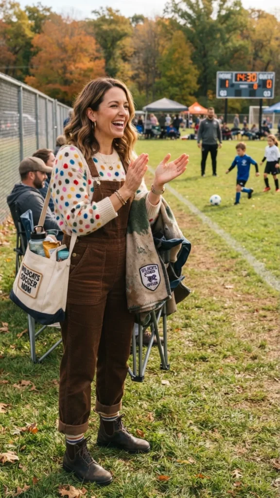 Colorful polka dot sweater with corduroy overalls for a fun and playful casual style.