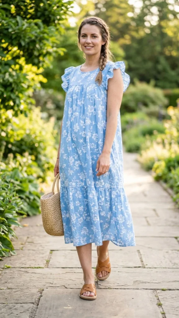Comfortable flat sandals paired with a soft summer dress for an effortless spa-ready look.