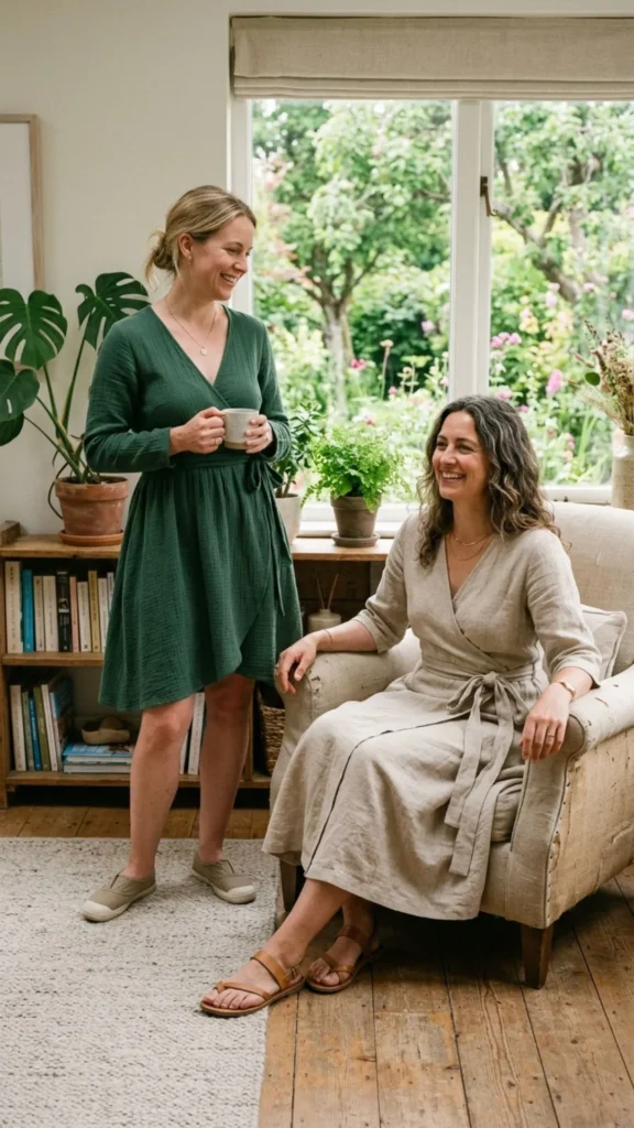 Comfortable wrap dress made from natural fabrics for a chic summer spa outfit.