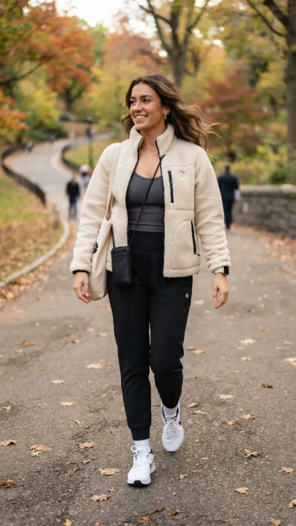 Cream sherpa jacket paired with athleisure joggers for a cozy sporty outfit.