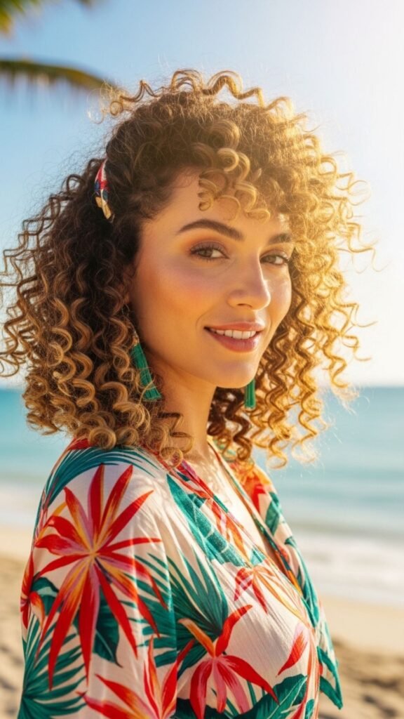 Defined natural curls for a fresh, textured, and beautiful summer hairstyle.