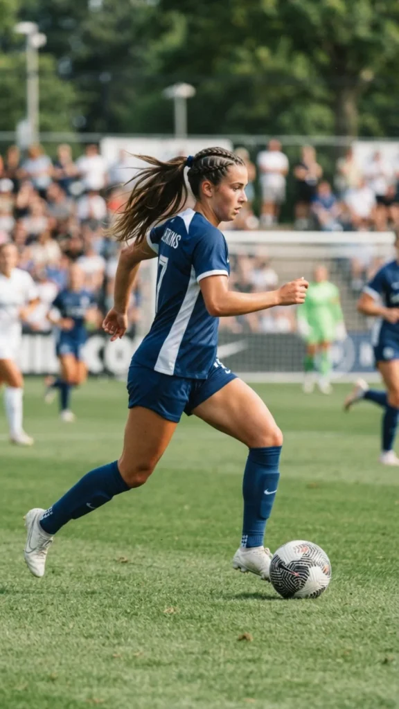 Stylish Dutch braid ponytail hairstyle for a secure and active soccer game day.