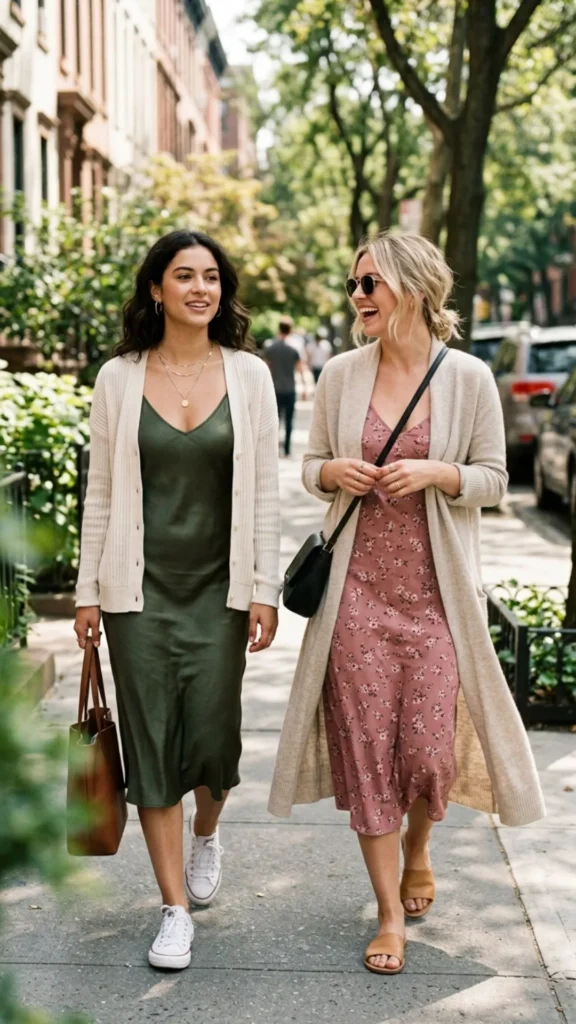 Slip dress layered with a lightweight cardigan for an elegant and comfortable summer style.
