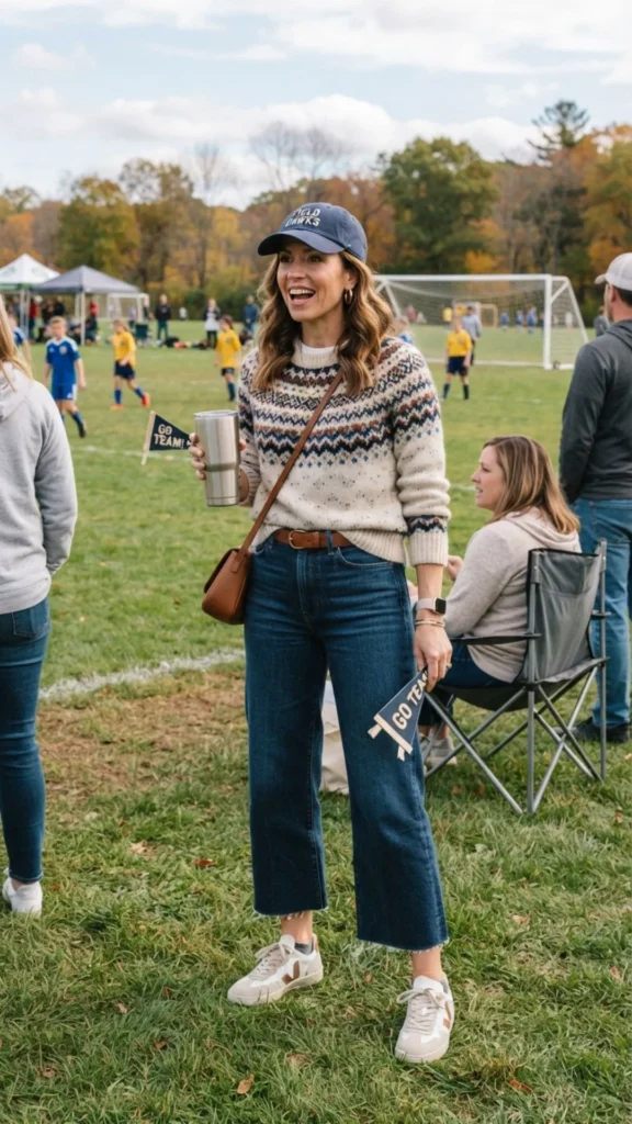 Fair Isle sweater paired with cropped wide-leg jeans for a cozy casual look