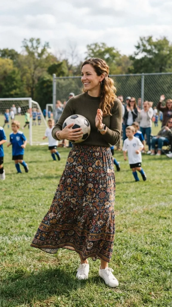 A fitted sweater paired with a printed maxi skirt for a feminine casual outfit.