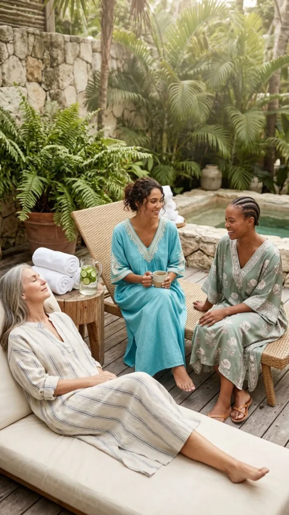 Flowy kaftan dress in lightweight fabric for a relaxed and elegant spa day look.
