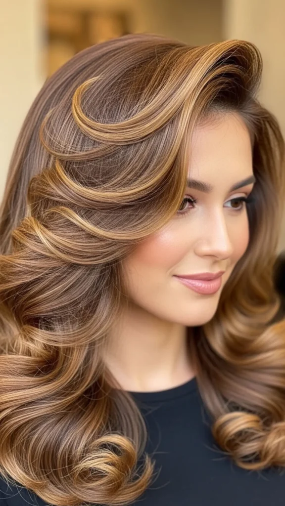 Glossy shine 18’s blowout hairstyle with silky texture and a polished salon finish.