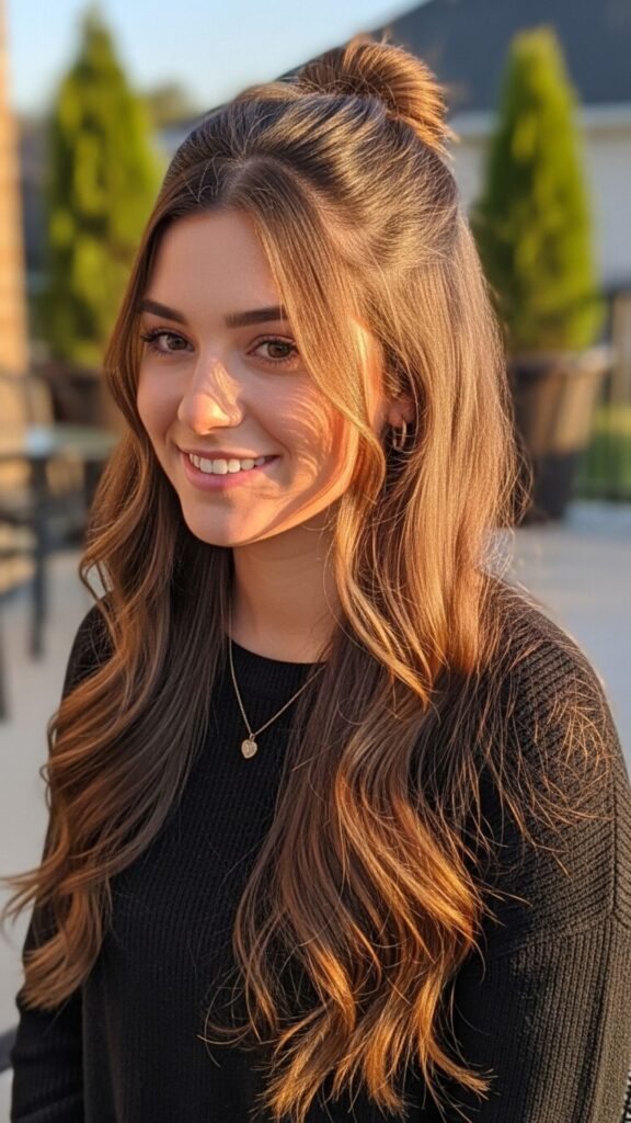 Casual half-up half-down hairstyle with a soft and effortless summer look.