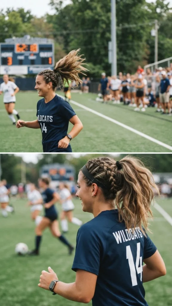Half-up braided ponytail hairstyle combining sporty style with a relaxed soccer look.