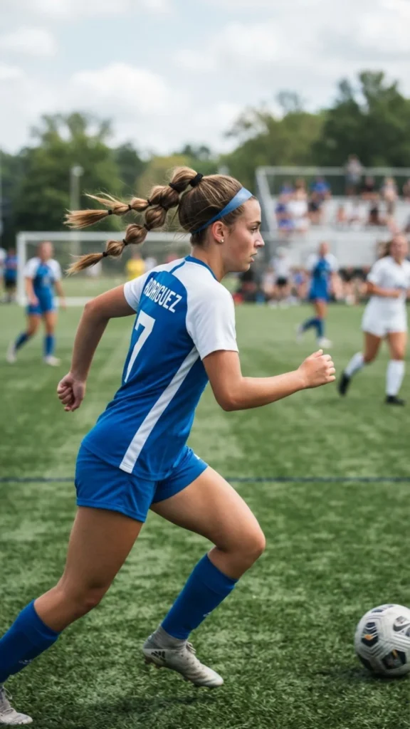 Wrapped pull-through braid ponytail hairstyle for a voluminous and sporty soccer look.