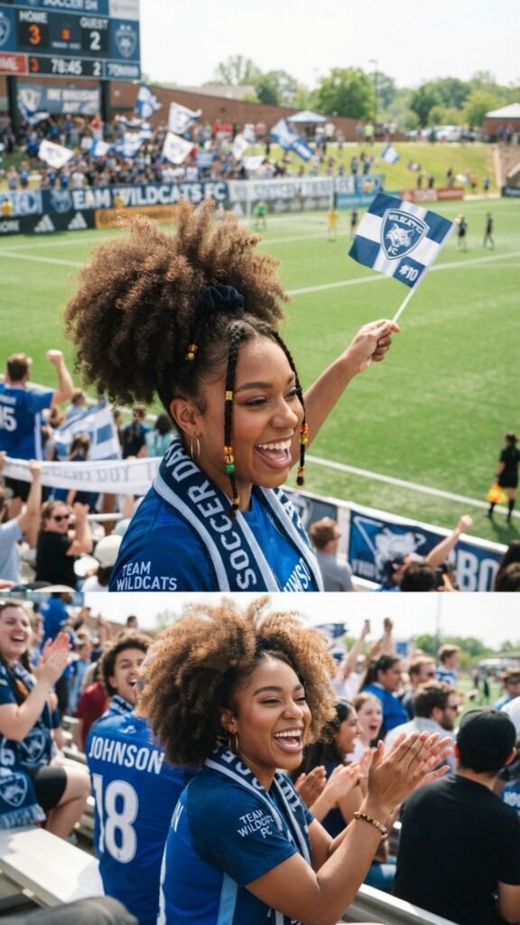 Voluminous curly puff for soccer day.