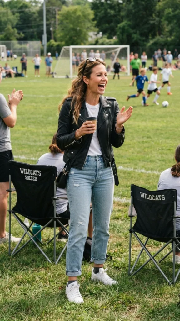 Leather moto jacket paired with vintage mom jeans for an edgy casual style.