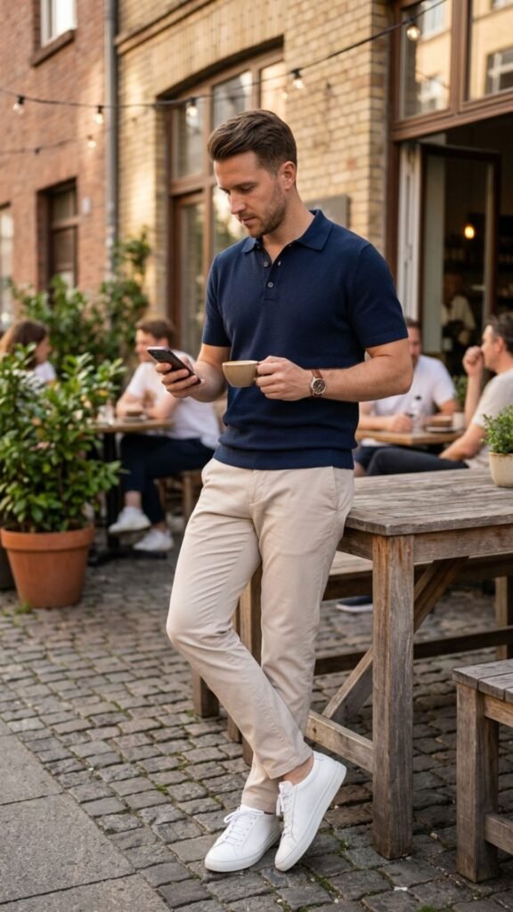 Lightweight knit polo styled with chinos for an elevated casual summer look.