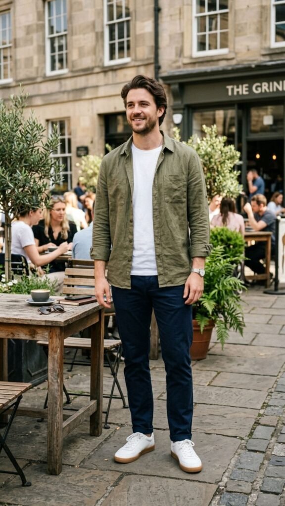 Lightweight overshirt layered over a basic tee for a casual summer outfit.
