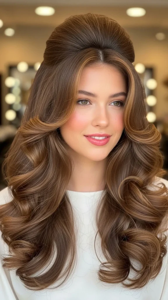 Long hair 18’s blowout with extra volume, smooth lengths, and glamorous bouncy ends.