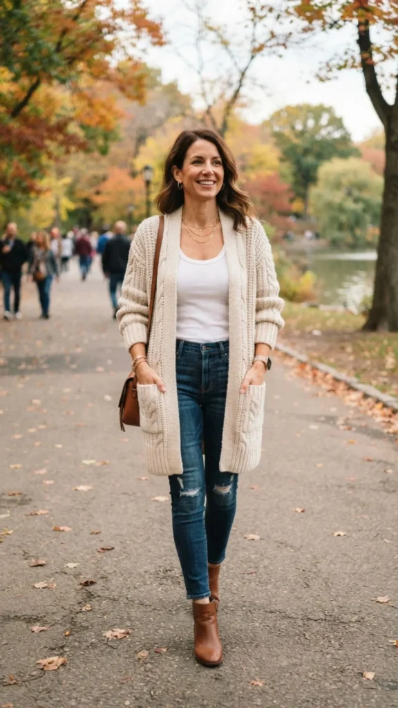 Long knit cardigan styled with skinny jeans for a comfortable layered outfit.