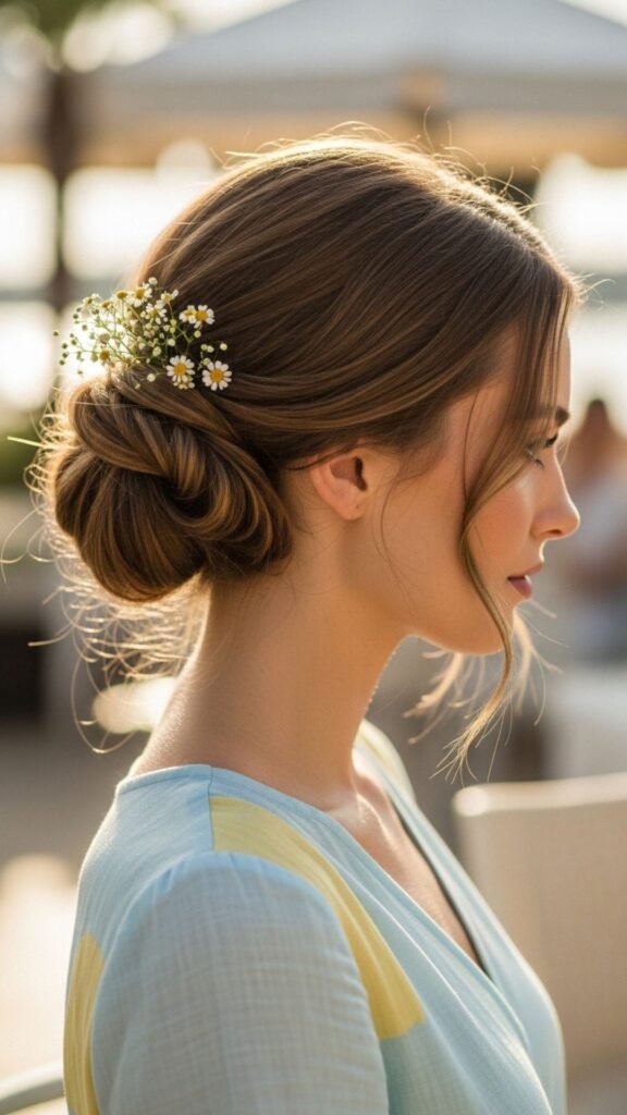 An elegant low twisted bun for a polished and sophisticated summer hairstyle.