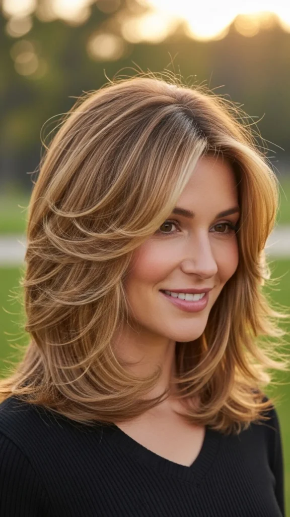 Medium-length feathered blowout hairstyle with airy layers and soft flowing movement.
