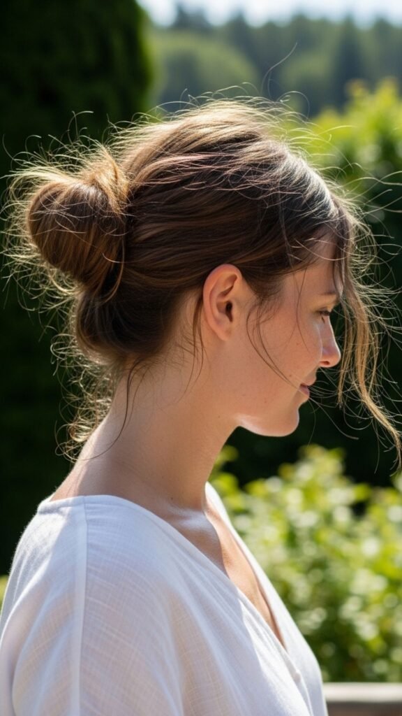 Messy low bun hairstyle for a cool, effortless, and stylish summer look.