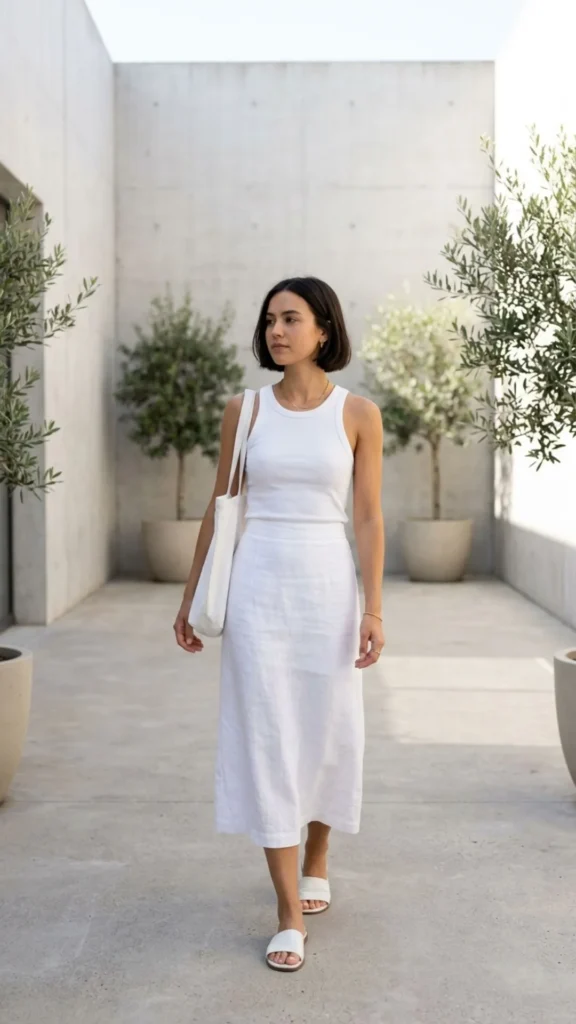 Minimalist monochrome summer outfit in neutral shades with a clean and elegant style.