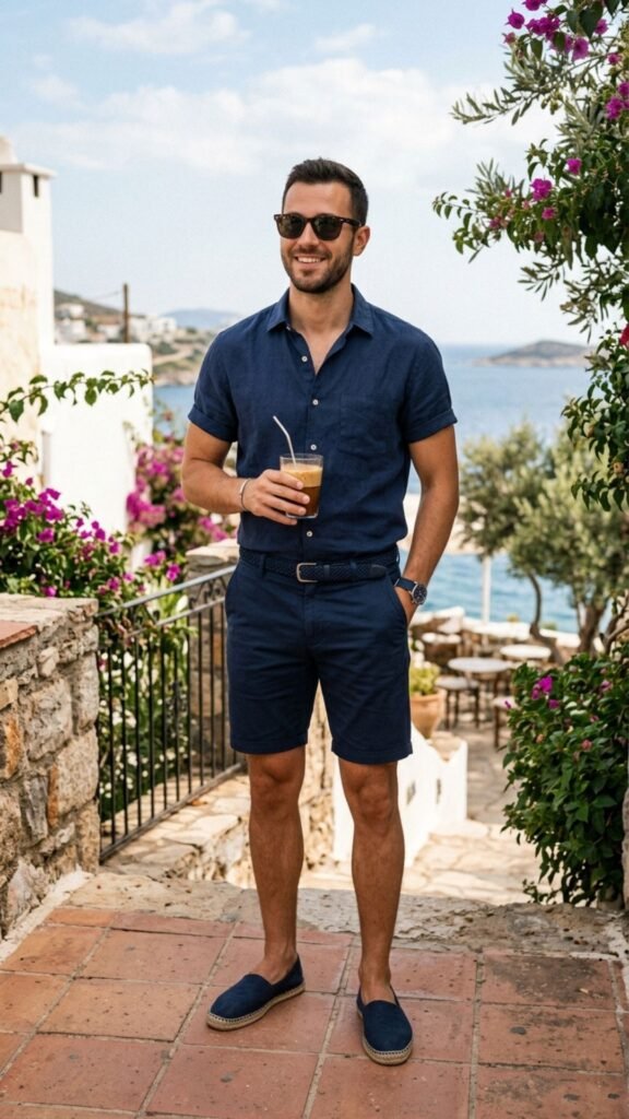 Monochrome men's outfit in soft neutral shades for a modern summer style.