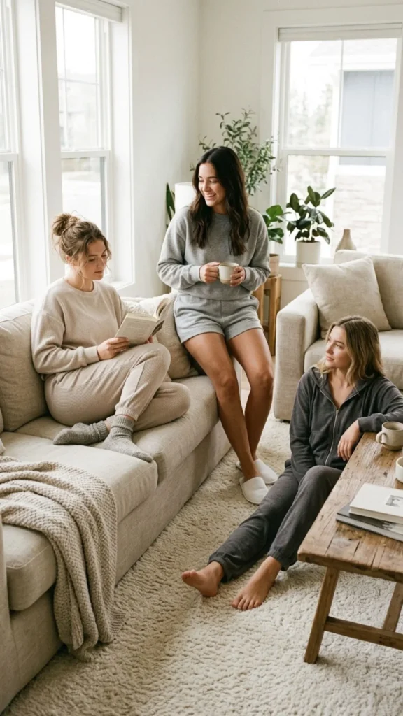 A neutral-tone lounge set made from soft, breathable fabric for a cozy, spa-inspired outfit.