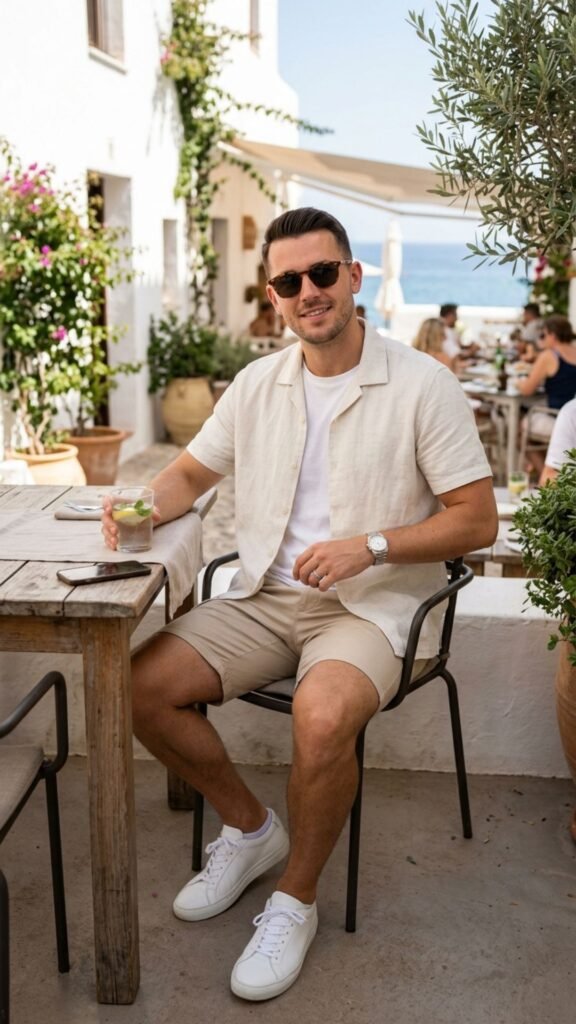 Neutral-colored men's summer outfit with beige, white, and light earth tones.