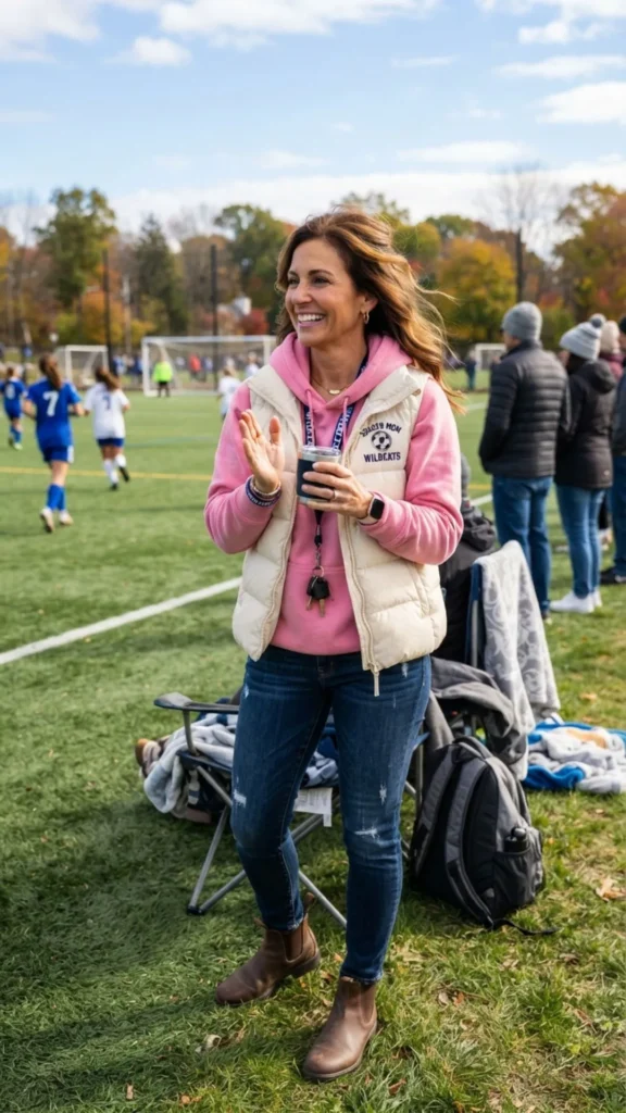 Pink hoodie layered under a cream puffer vest for a warm and sporty outfit.