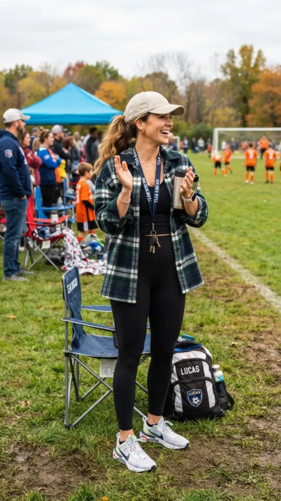 Plaid shacket paired with leggings and sneakers for a cozy, sporty casual look.