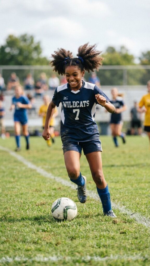 Voluminous puff ponytail for soccer game day.