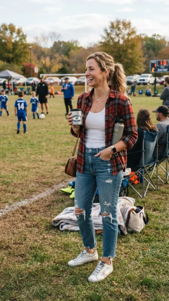 Red flannel shirt with ripped jeans for a relaxed and classic everyday look.