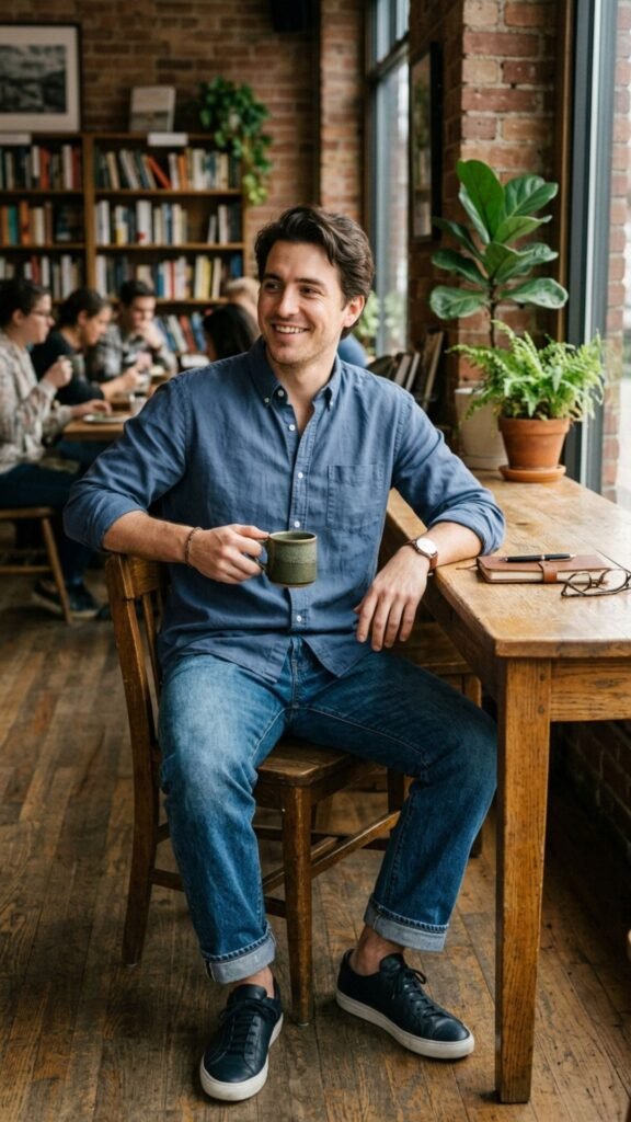 Relaxed cotton shirt with light-wash jeans for casual men's summer fashion.