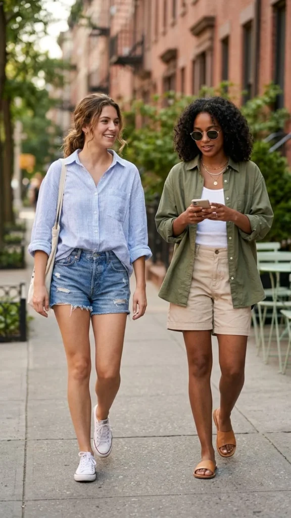 Oversized button-down shirt paired with comfortable shorts for an effortless summer spa style.
