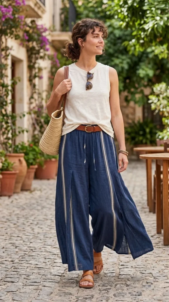 Relaxed palazzo pants paired with a sleeveless top for an airy summer outfit.