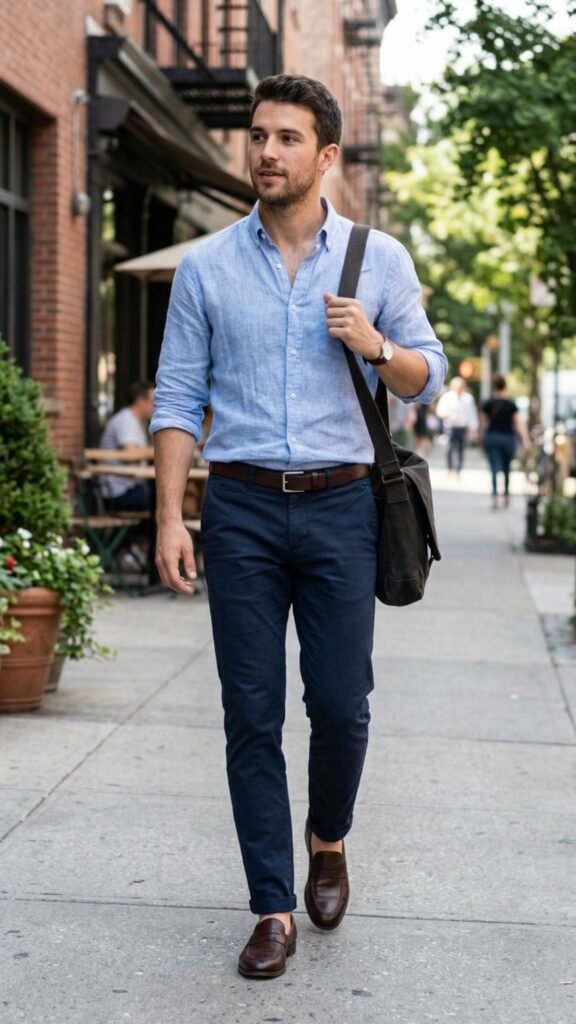 Rolled-sleeve shirt styled with slim-fit pants for a smart summer appearance.