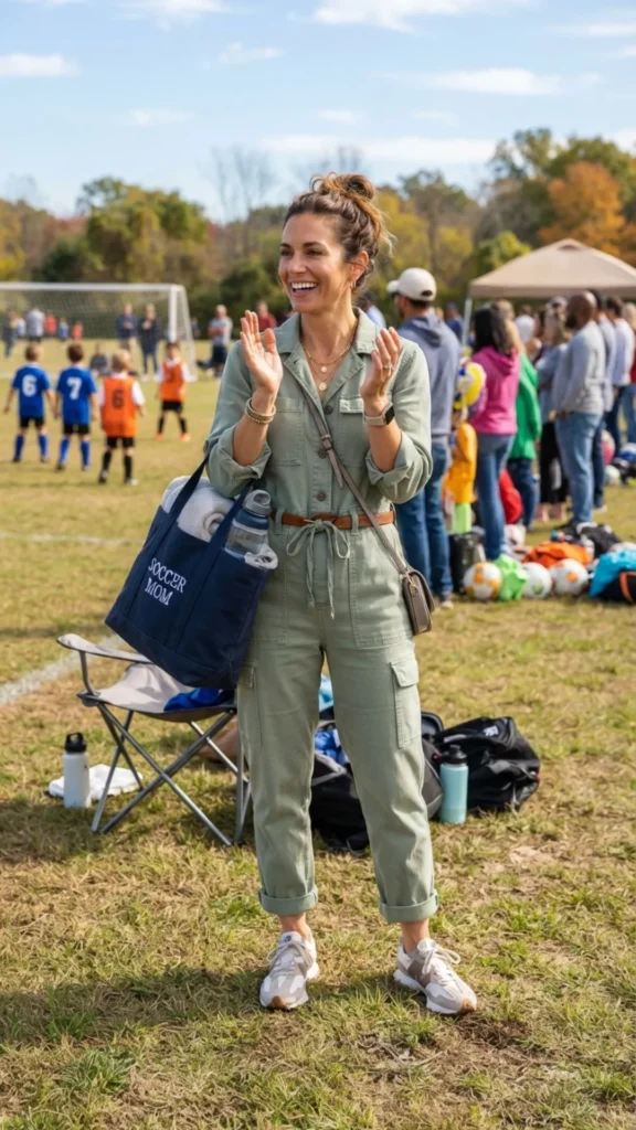 Sage green utility jumpsuit for an easy, stylish one-piece casual outfit.