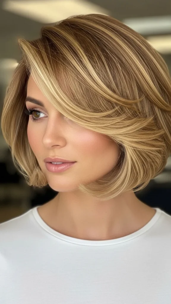 A short bob blowout hairstyle with soft waves, added volume, and a fresh stylish finish.