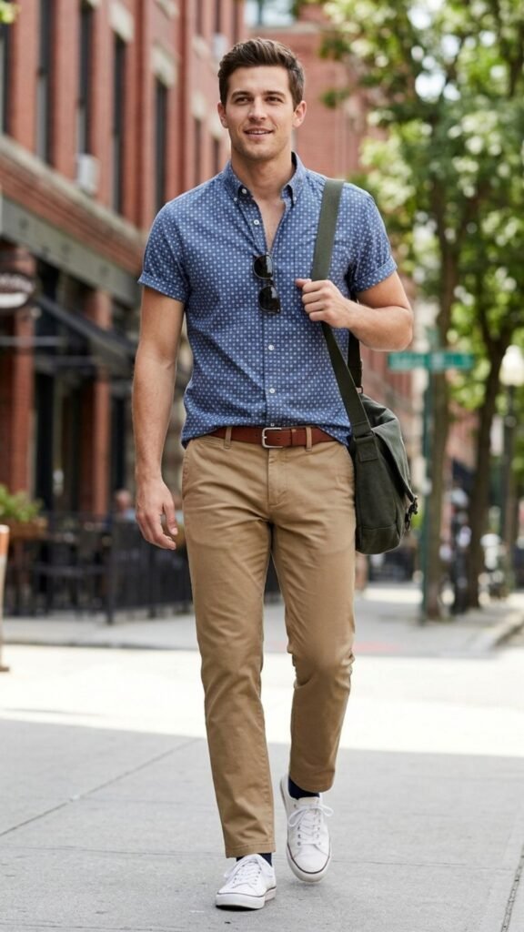 Short-sleeve button-down shirt paired with chinos for a refined summer outfit.